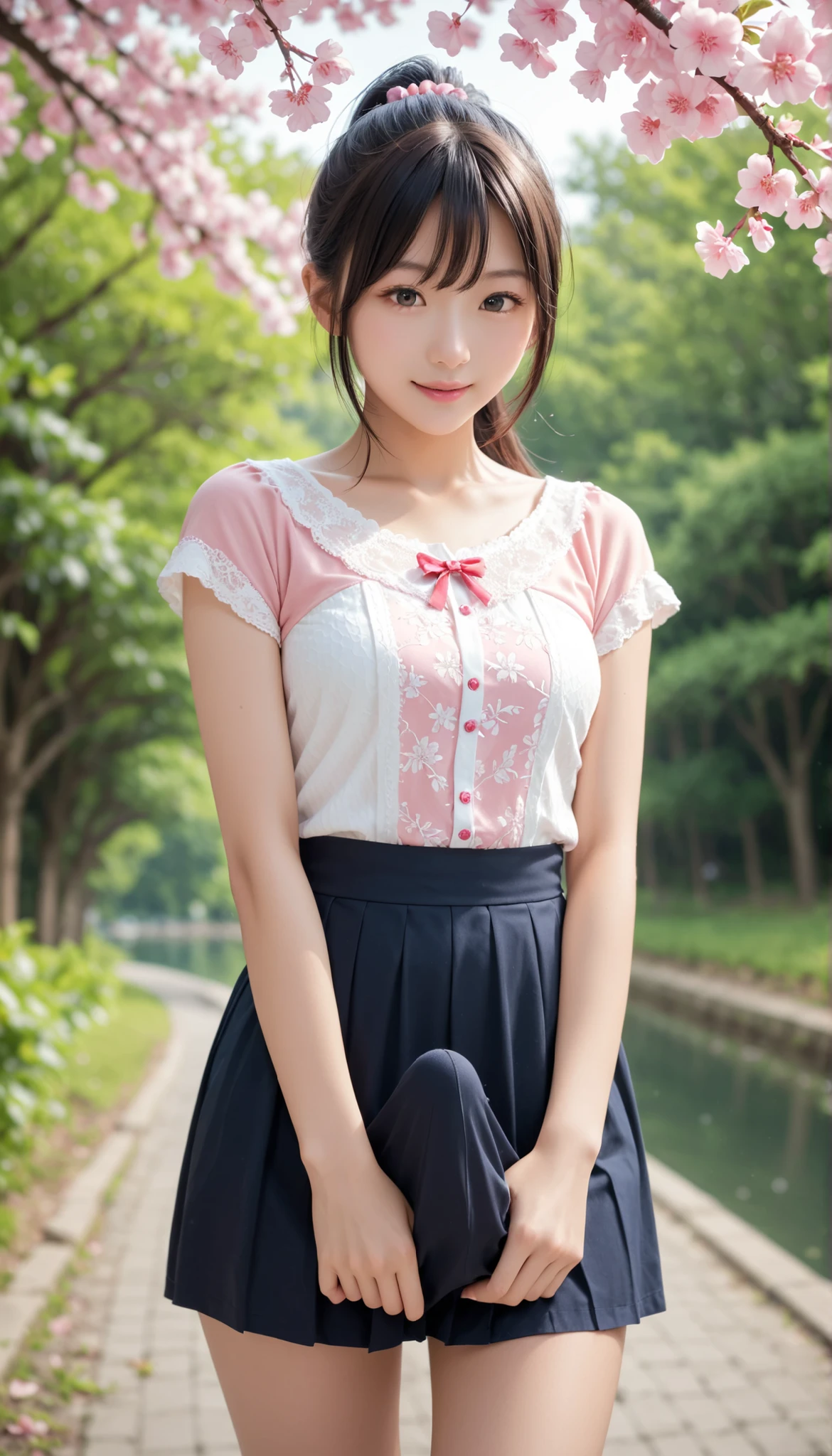 score_9, score_8_up, score_7_up, super detailed, 32K, masterpiece, top quality, super high definition ,nsfw, official art, photorealistic, sharp focus, solo, Classy Japanese woman masturbates alone, ((ponytail)), black hair, small face, natural makeup, cute face, small breasts, curved body, perfect_proportional body looking down at hand, detail high quality, realistic facial depiction with fine hair, Fair skin, Black Short Sleeve Lace Top, Disconnect, Background: Cherry blossom trees along the river, From the front, From the waist up, kind smile, miniskirt, Erection under clothes