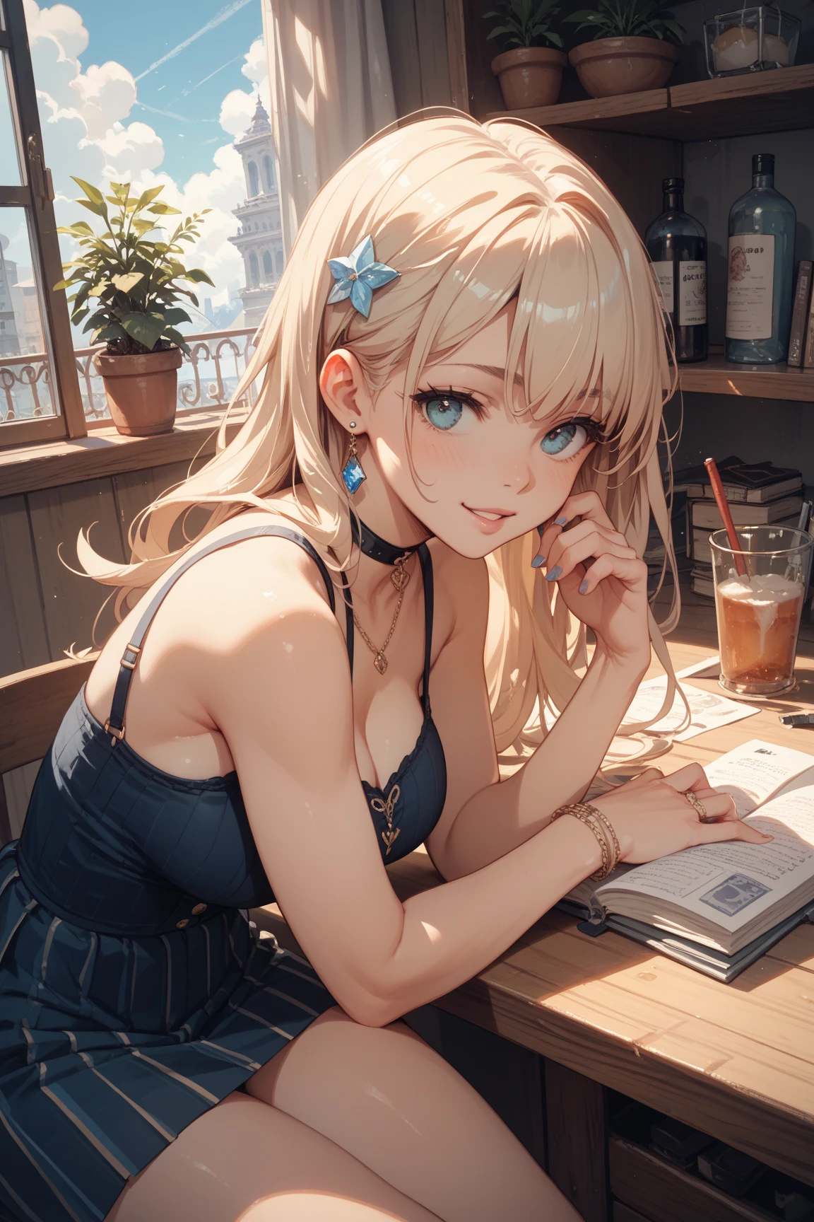 ((Masterpiece)), (Anime:1.5), ((best quality)), (RAW photo:1.2), (High Definition:1.3), (Professional Photography:1.2), (chromatic aberration), (wide shot:1.3), Textured skin, cinematic lighting, (12 years old), 1girl, grin, (Cute teenage beautiful Girl), BREAK, ((Glossy lips)), beautiful girl, model body, light_green_eyes, large earrings, very long hair, wavy hair, blonde hair, BREAK, small breasts, (loose tank top-shirt), black tie, (downblouse:1.2), BREAK, (kneeling on the library room:1.4), (High Definition:1.3), (photorealistic), indirect lighting, volumetric light, ray tracing, hyper-detailed, (best quality), ultra-high resolution, HDR, 8k