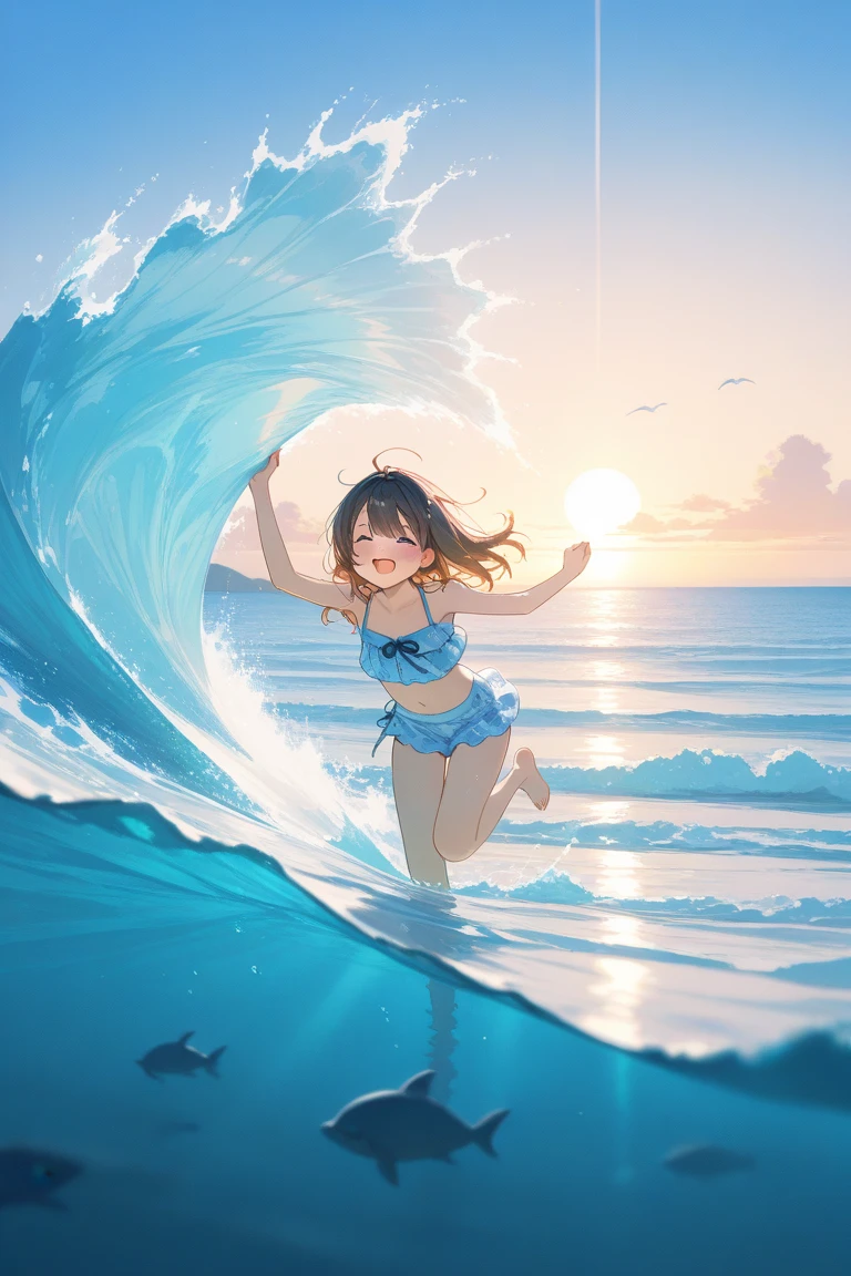 A cute lady wearing a swimsuit jumps in air through the waves while straddling on a whale-shaped float, Looking very happy, like flying, Very detailed, Dynamic action scenes