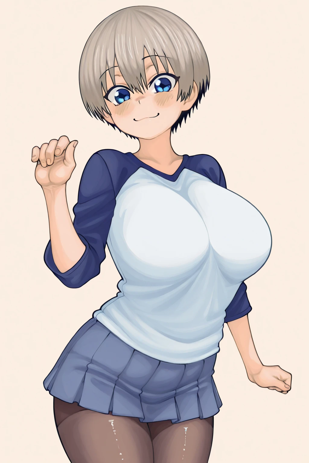 masterpiece, best quality, ultra-detailed, Potrait of beautiful , (chubby) (muscular), (plump), (sexly), (cleavage), ((tomboy)), (アニメ), (Breasts), (Plump), ((very short hair)), ((Uzaki Hana)), (overweight), (Gray Hair), ((Saggy breasts)), (blue eyes), (Short Hair), (blue eyes), ((thick)), (swimsuits), (naughty smile), (Canine teeth are slightly visible)