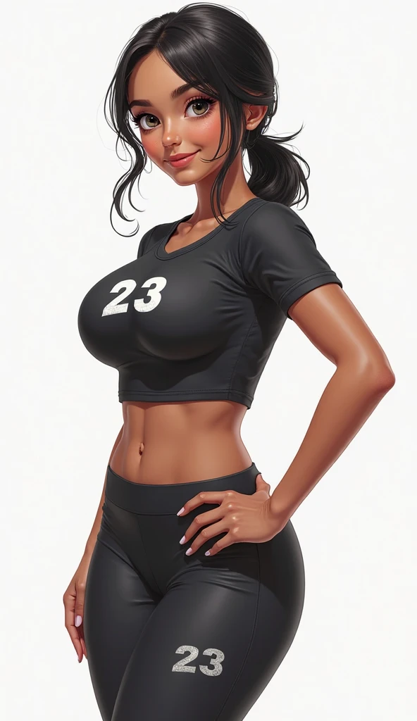  A single 3 woman, round face, thin eyebrows, rounded eyes, Wide nose, fine lips, long black hair, Full and wide body, short stature, clothing in sports shorts, large striped shirt, and that without the shirt Miriam says,  small bust,  highest