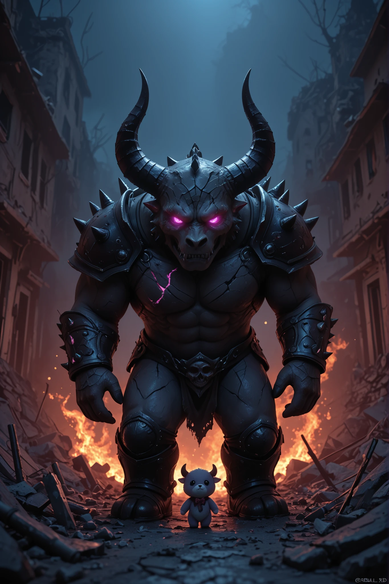 split-frame vertical 9:16 scene with a clear dividing crack or glowing line in the center, left side: brutal demon Belial with large horns, spiked armor, glowing eyes, standing in red flames and broken ruins, dark foggy atmosphere, brutal lighting; right side: chibi version of Belial with small horns, confused cute face, holding a broken remote or plush bone, standing in a surreal abandoned toyland with foggy purple light, dreamworks 3D style, highly detailed, horror-cute contrast, no text, cinematic composition