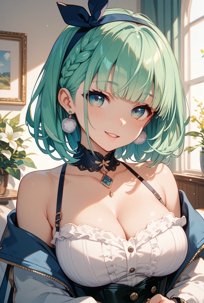 ((masutepiece)), ((Best Quality)), ((8K)), High resolution, 1girl in, Cat ears, Beach, Blue and green hair, bob cuts, Seductive smile, Naughty face, Tongue out, Large breasts, Green Gothic Lolita,