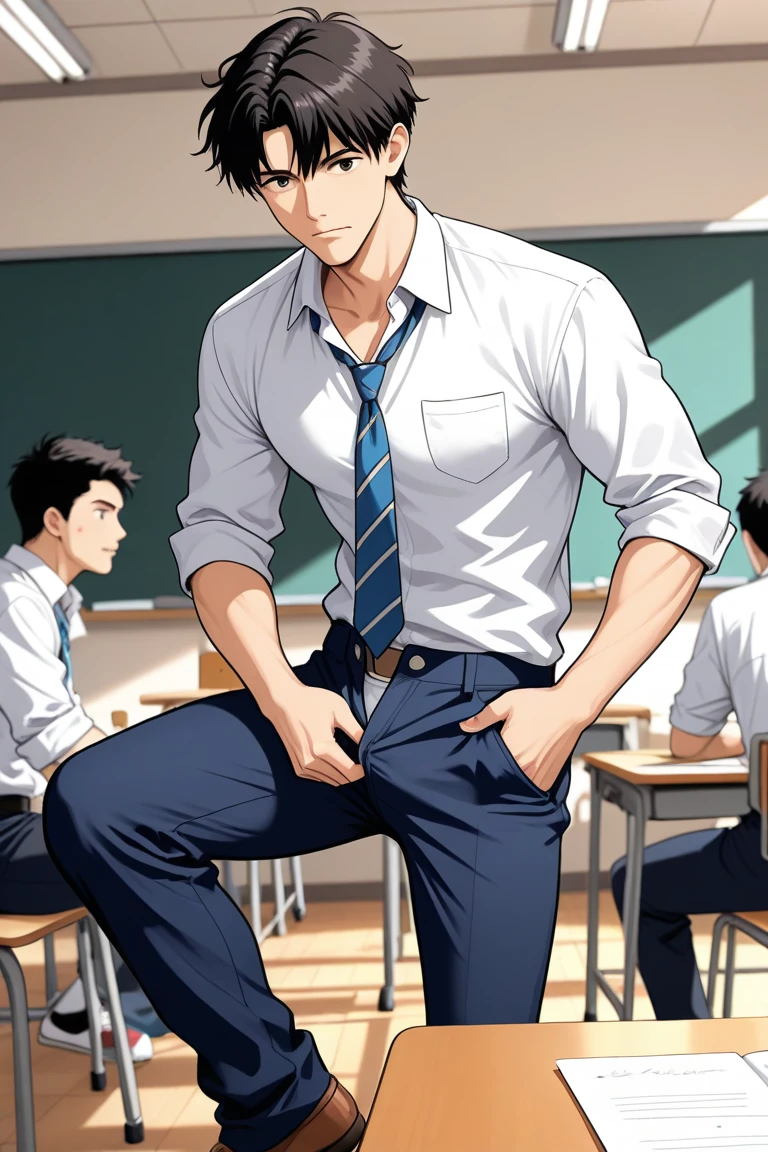 (score_9,score_8_up,score_7_up,score_6_up,score_5_up,score_4_up, source_anime), 8k, best quality, best lighting, male focus, male face, wide shot, classroom, (2boys: 1.5), BREAK, one is 17yo, toned, school dress shirt, tie, ((veiny arms)), penis, (tight foreskin: 1.7), flaccid, testicles, under hairless, (surprised: 0.8), (embarassed: 0.8), BREAK, the other is 17 yo, toned, school dress shirt, school slack, tie, (taking one's slacks down from behind: 1.5),
