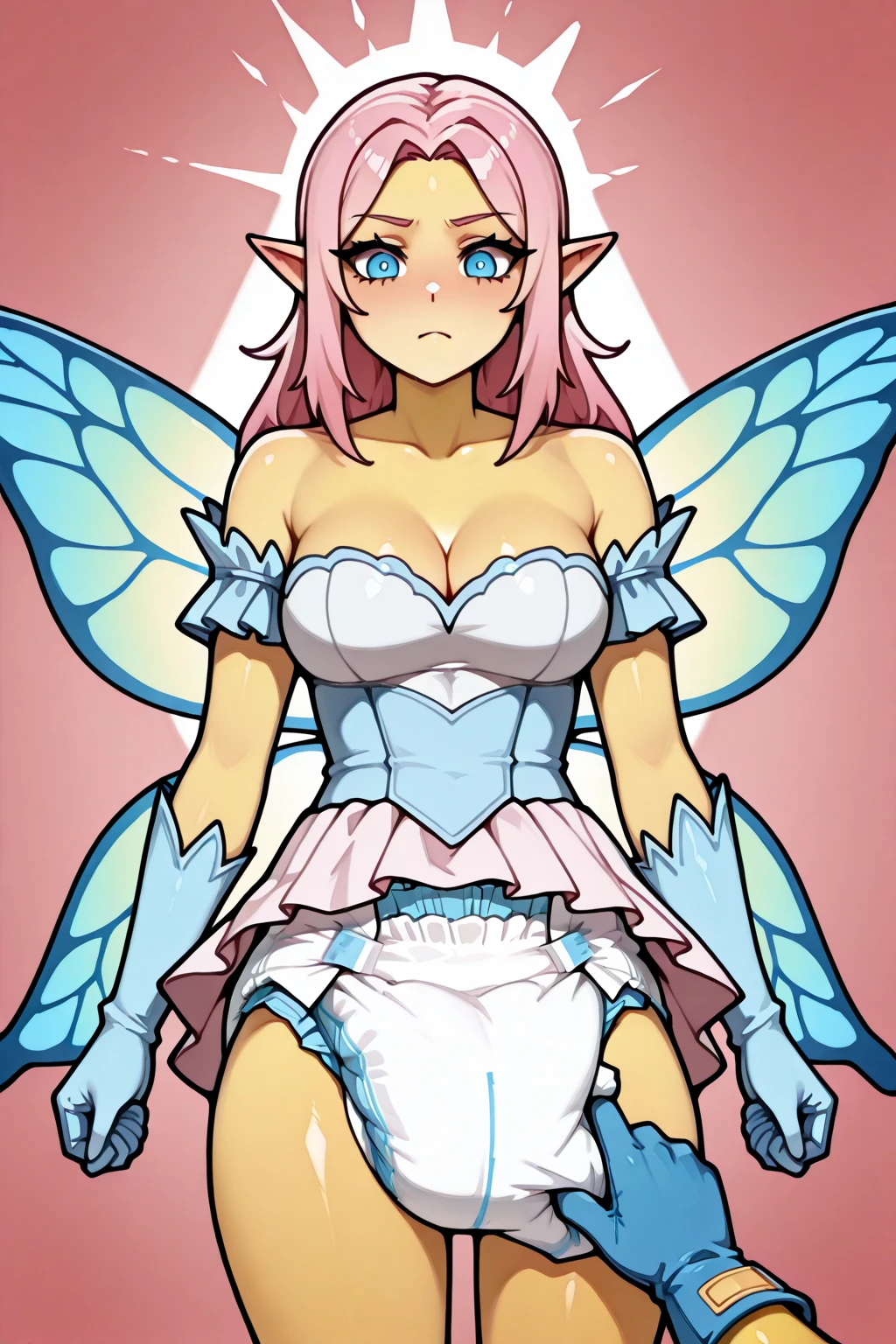 absurdres, highres, best quality, 1girl, pointy ears, large breasts, pink dress, fairy wings, night, glow, (glowing:1.3), black background, standing, full body, facing viewer, <lora:FlamingoLemon:1.3>