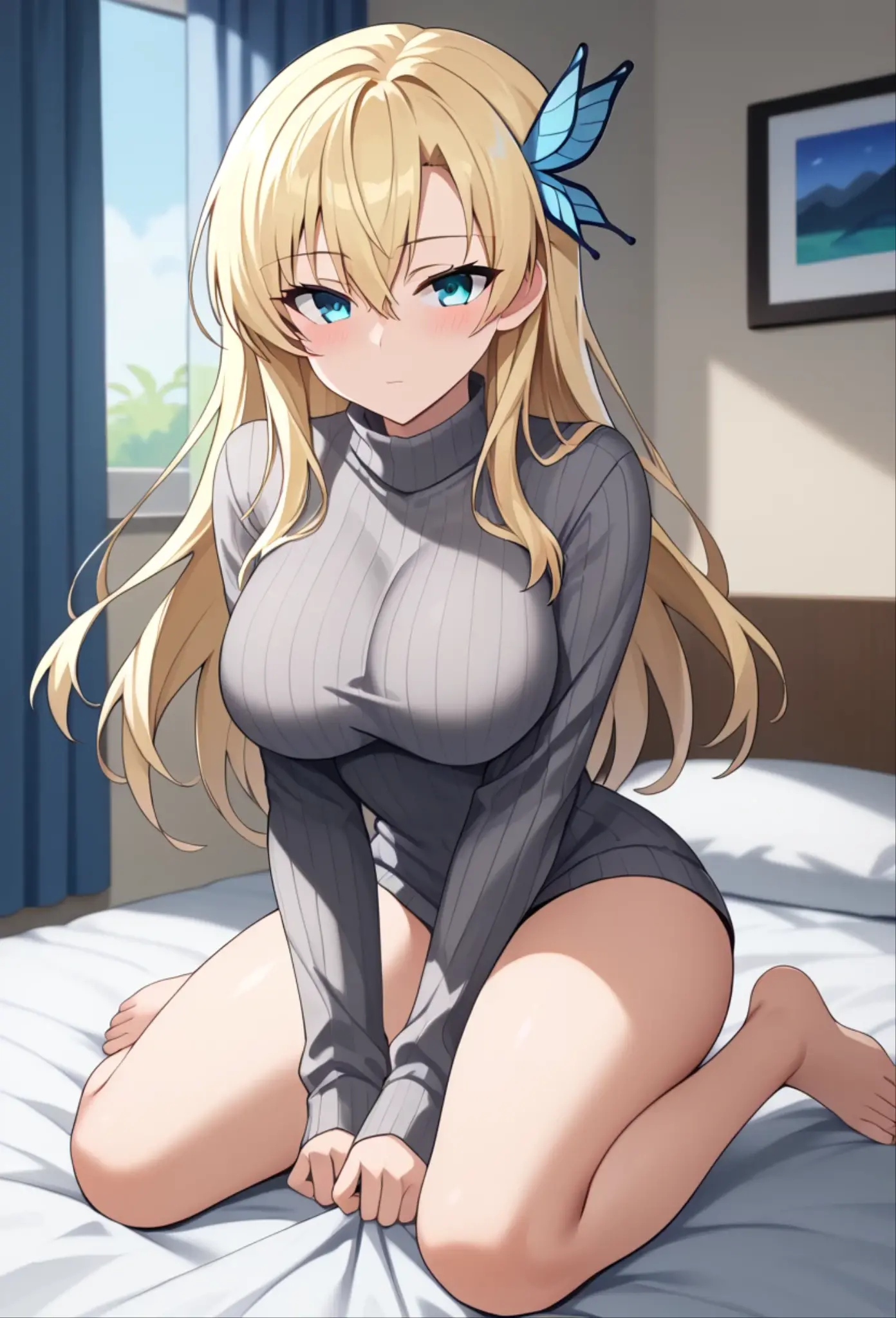 one-piece swimsuit, 1girl, solo, 9 years old, from above, aaillya,long_hair,blonde_hair,red_eyes,hair_between_eyes,bangs,white_hair, short stature, Short arms, Short legs, perfect anatomy, (gigantic breasts:1.3), thighhighs, pussy line, looking up, shy, bashful, bed, absurdres, anime colored, official art, anime screencap, masterpiece, best quality,