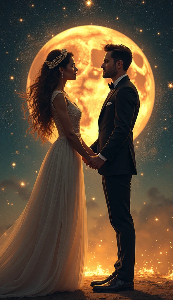 a romantic couple on a starry night under a full moon, bride in a wedding dress, groom in tuxedo, romantic, detailed, cinematic, realistic, moonlight, stars, dramatic lighting, (best quality,4k,8k,highres,masterpiece:1.2),ultra-detailed,(realistic,photorealistic,photo-realistic:1.37),dramatic, cinematic composition, beautiful night sky, glowing moon, sparkling stars, elegant wedding attire, loving embrace, soft focus, warm color palette, dramatic chiaroscuro lighting
