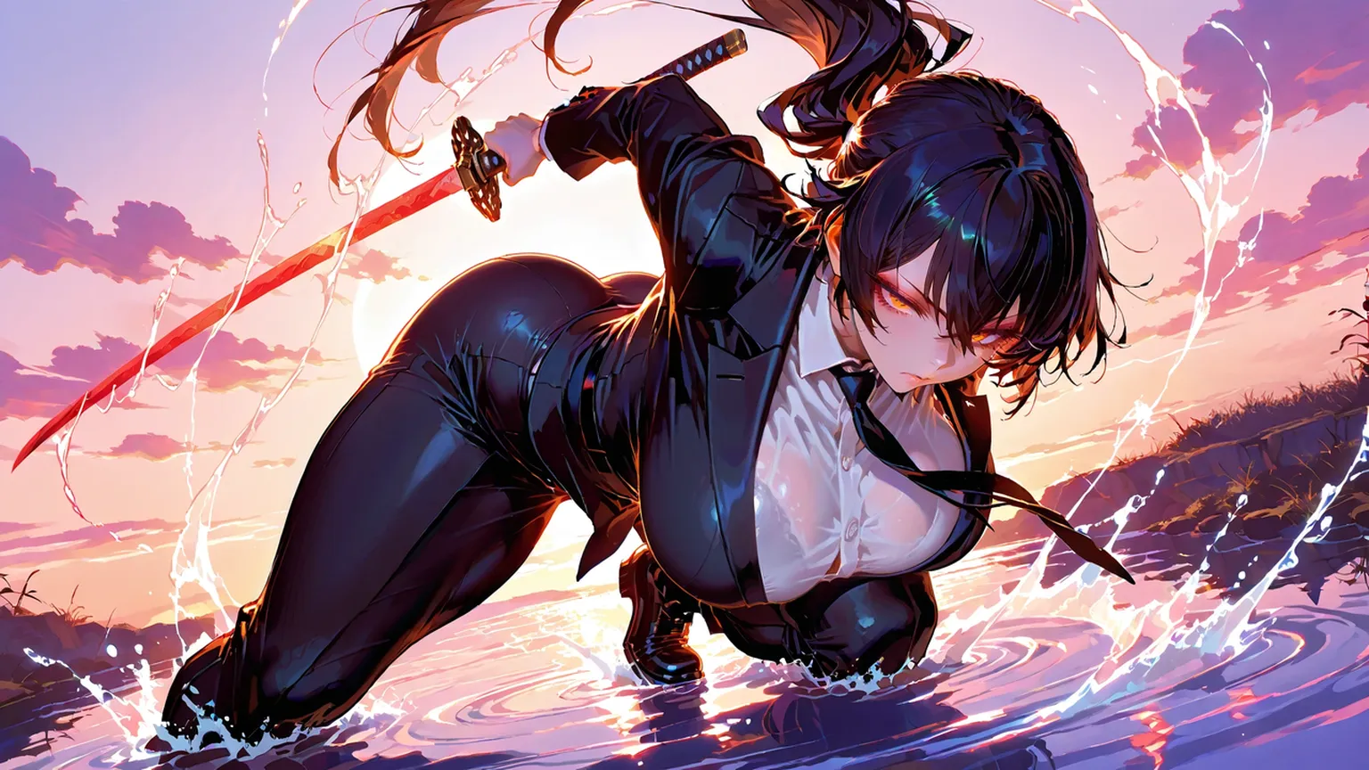 Creating an illustration of a woman in her thirties, short black hair with a back side bang, blue sky eyes, fair skin. obscured expression - she's wearing a sexy black ninja outfit, make full body, make boobs more little - she's walking in a night town - include storm rain - digital art style