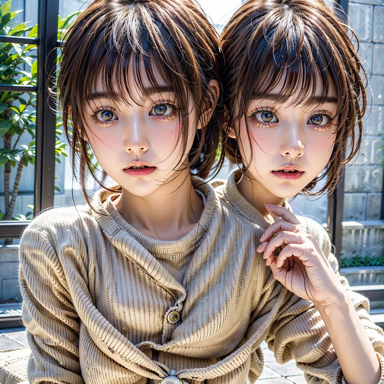 One Girl, Portraiture, modern, The most beautiful 16-year-old girl in the world、Realistic proportions、Glossy Lips、Her big eyes are a beautiful light brown color..、Shining beautifully、Dazzling super long straight hair、messy bangs that fall on the face,,,,,,、snow-white beautiful skin、Cheek luster、Beautiful Face、Round face、Innocent face、Bright expression、Childish appearance、Symmetrical face, Symmetrical eyes, Dynamic pose, complex, ComplexDetails, Sharp focus、Small Face Beauty、upon、 Elementary school student's face