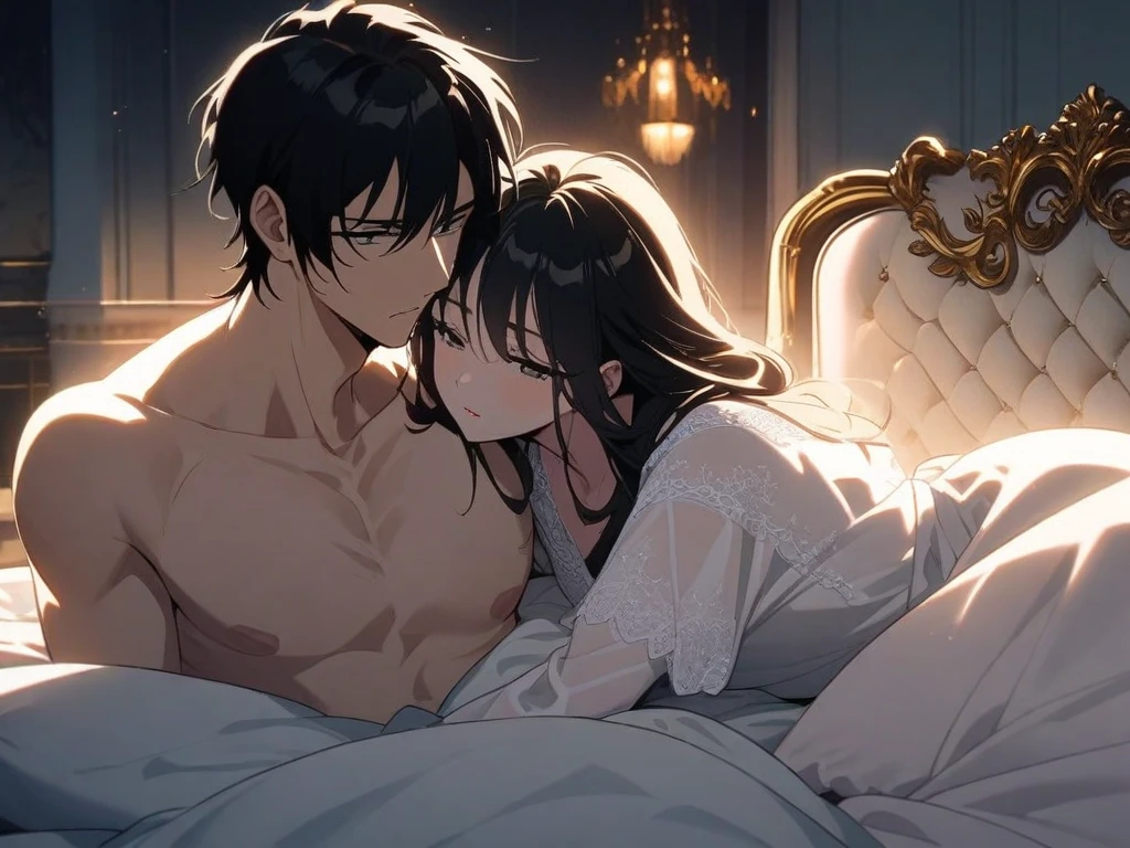 styles, masterpiece, top-quality, Special details, illustratio, Romance, a couple,reddish, tenderness, inner strength,a bed,natta, At night,Love atmosphere white and red tones, Blissful, Girl brown hair, Purple eyes, poneyTail, a couple, date, Profile of a man with black hair,Purple eyes,