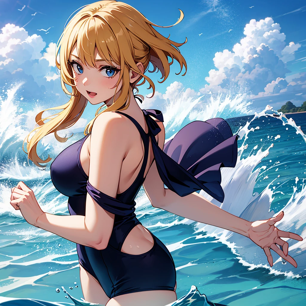 (((masterpiece,best quality,32k))) an image of a cute anime girl with medium red hair, wearing a black ornate bikini with skirt, playing with a colorful beach ball at a sunny beach. She should have big, sparkling eyes and a joyful expression, with the ocean waves and a clear blue sky in the background. ((medium blonde hair)), ((beach ball)), ((sunny beach)), ((ocean waves)), [clear blue sky]