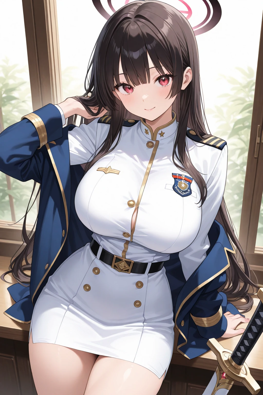 masterpiece, Highest quality, 1 person,( Large Breasts,Are standing, View your viewers,),Detailed Background、A person who writes in detail、Accurate human body、Knowledgeable person、Accurate 5 fingers,Mature Woman,Thighsが太い,Curvy Body, We definitely、Thighs、alone,((Absolute area)),atago_\(azure_lane\), brown eyes,military_uniform, garter_straps, skirt,black legwear,white gloves,