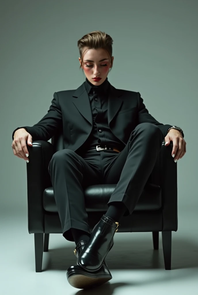 A masculine muscular hunk man with very short hair, lingerie, gaff, black nylon stockings with lace top, padded bra, extreme black stiletto high heels and with metal heels and pointy toes garterbelt, with makeup, fake nails and fake eyelashes, long earrings, bra,