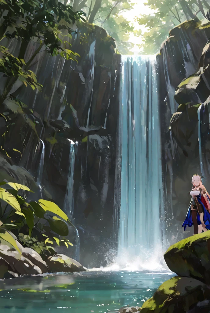 a alone woman.
The woman has short blonde hair The woman bathes under a waterfall rubbing her hair with her hands.
The woman has well-defined muscles.
The woman has her back turned and the water from the pool reaches her twins..