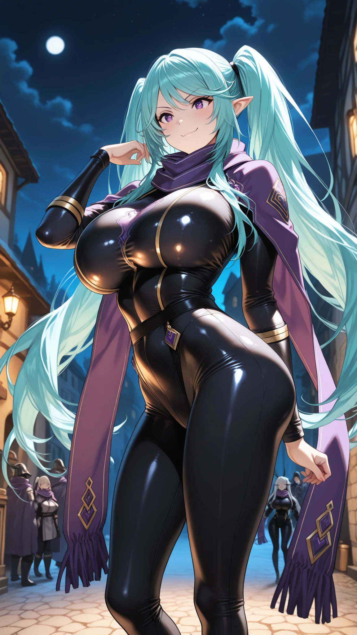 long black hair, green skin, violet eyes, solo, smiling, standing, upper body, hips, gigantic breasts