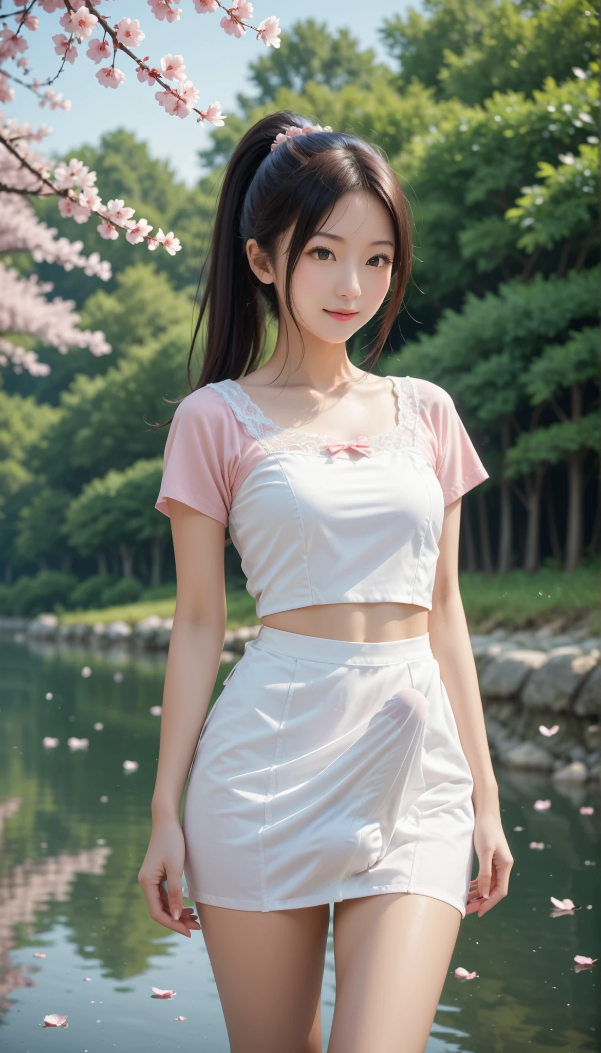 score_9, score_8_up, score_7_up, super detailed, 32K, masterpiece, top quality, super high definition ,nsfw, official art, photorealistic, sharp focus, solo, Classy Japanese woman masturbates alone, ((ponytail)), black hair, small face, natural makeup, cute face, small breasts, curved body, perfect_proportional body looking down at hand, detail high quality, realistic facial depiction with fine hair, Fair skin, Black Short Sleeve Lace Top, Disconnect, Background: Cherry blossom trees along the river, From the front, From the waist up, kind smile, miniskirt, Erection under clothes