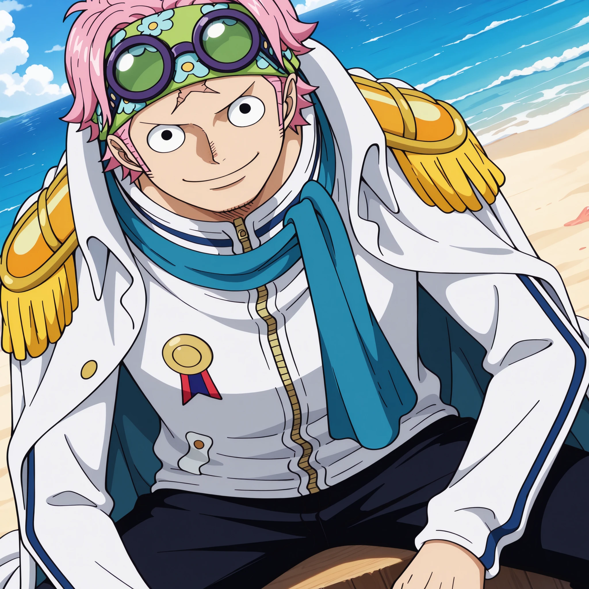 masterpiece, best quality, newest, absurdres, highres, safe, anime style, anime capture, anime screen, 1boy, solo, one piece, koby (one piece), black eyes, scar on face, pink hair, short hair, headband, eyewear on head, track jacket, long sleeves, zipper, blue muffler, badge, white cape, epaulettes, pants, black shose, smile, looking at viewer, dutch angle, outdoors, ocean, beach, blue sky, sitting