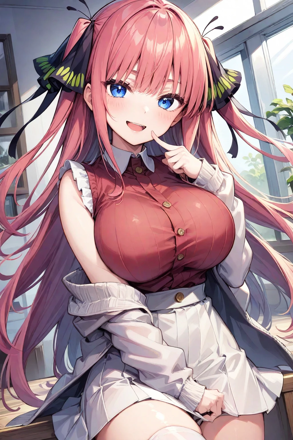 1个Giant Breast Girl, Alone, Jino Nakano, with pink hair, butterfly hair ornaments, (barechested:1.3), (White apron), Large breasts, Chopping, upper legs, Cafe background, (Be red in the face:1.3)