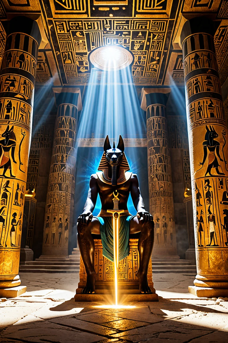 1man, solo, godanubis sitting on throne inside of pyramid, ornate, egypt, energy, aura, dust, debris, dune,  <lora:ARWgodanubis:1>
