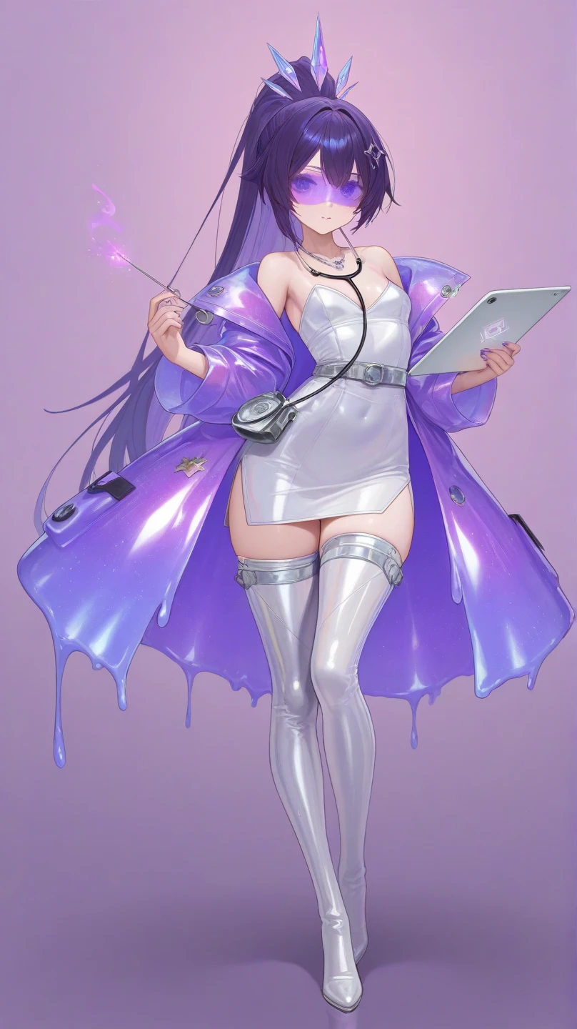 loli evil scientist, lab coat no pants, shiny legs, big smile with sharp teeth standing with grotesque and curvy monster woman