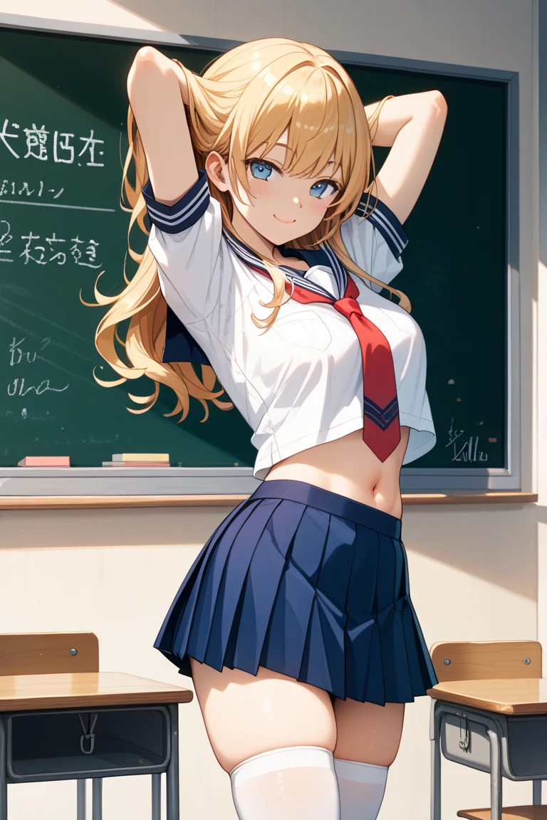 Girl showing panties with embarrassed face、In front of the blackboard in the classroom、
