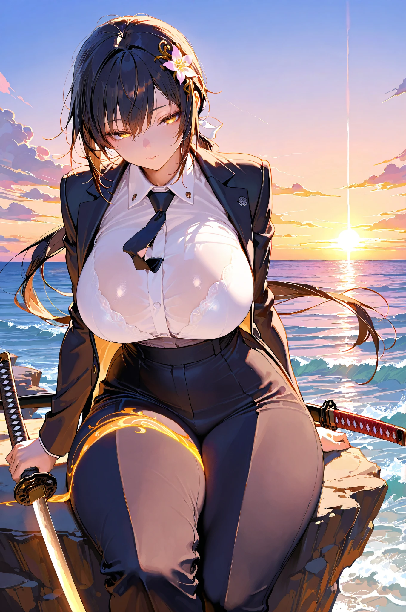1girl, tan skin, tan, tan-skinned female, from behind, ass, ass focus, thong, panties, jacket, smile, smirk, smug, breasts, huge ass, thick thighs, mature female, milf, hourglass figure, black hair, very short hair, yellow eyes, forest, black jacket, ((black jacket)), hooded jacket, belt, military hat, cap, gloves, highleg, gun, black thong, spiked hair, pixie cut, ((highleg)), military jacket, bare legs