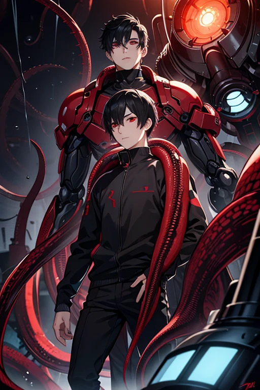 The subject of the image is a man with short black hair and red eyes. While being raped by the machine, the man's mouth and anus are violated by tentacles made from the machine, and his body floats in the air. Mechanical Rape, Man, the focus is a naked man tied to several thick wire cords and suspended in the air. Dim lighting, mechanical tentacles running around, raping the man as if he were a living thing. Deep throat, penis, semen flowing from anus, anal, man getting fucked. Torn clothes, dripping mucus, and a thick mechanical cord in his mouth. A man is anally raped by a thick mechanical tentacle.