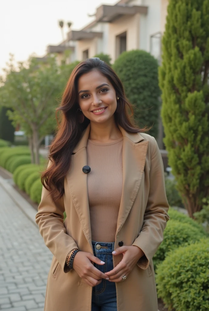 Portrait of A confident-looking indian girl with long flowing hair, hazel eyes, fair composition, hyperrealistic, super detailed, 8k, high quality, trending art, looking for a love and passion, westen dress, maroon dress, medium breasts, janter manter background, day light, sun