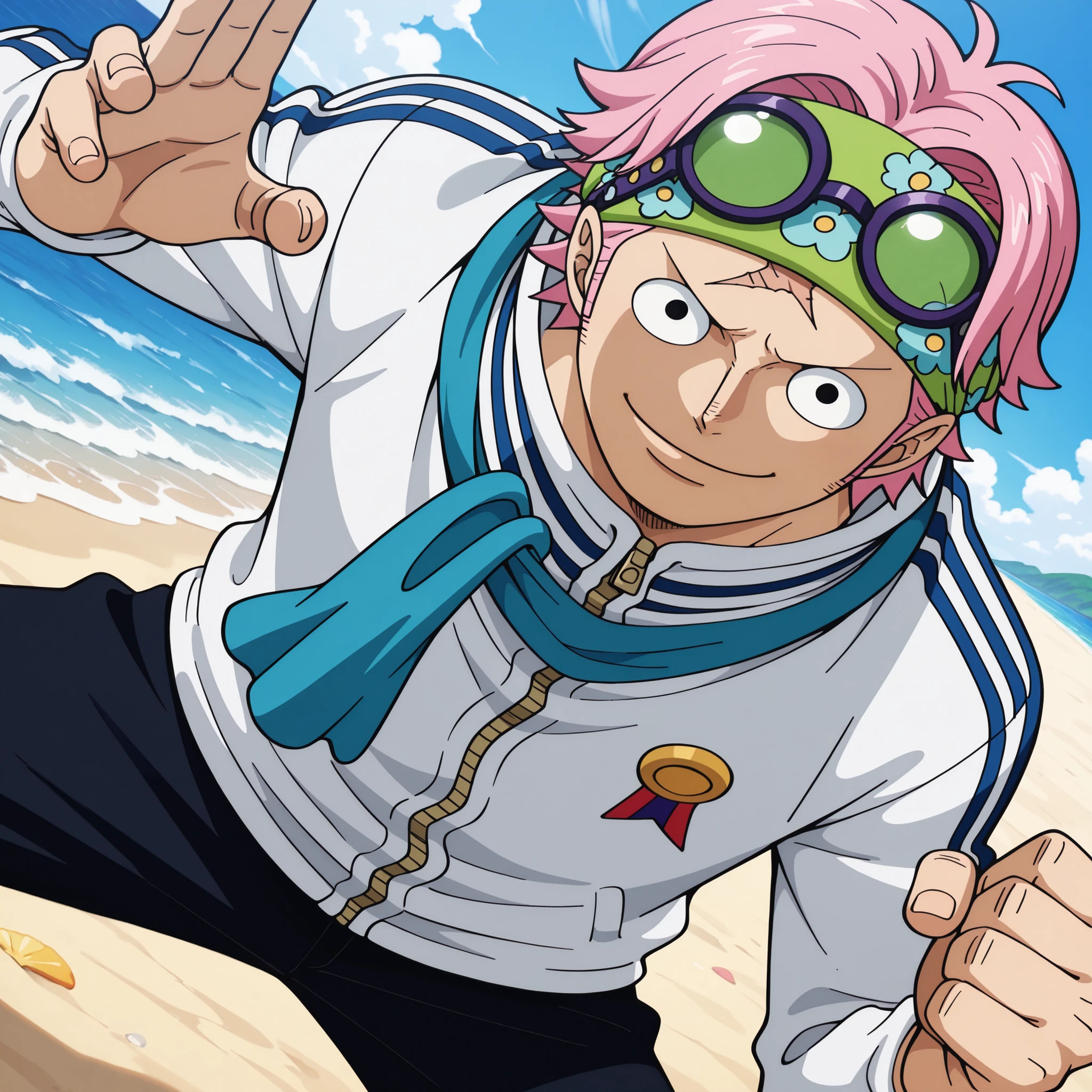 masterpiece, best quality, newest, absurdres, highres, safe, anime style, anime capture, anime screen, 1boy, solo, one piece, koby (one piece), black eyes, scar on face, pink hair, short hair, headband, eyewear on head, track jacket, long sleeves, zipper, blue scarf, badge, pants, black shose, smile, looking at viewer, dutch angle, outdoors, ocean, beach, blue sky, fighting stance