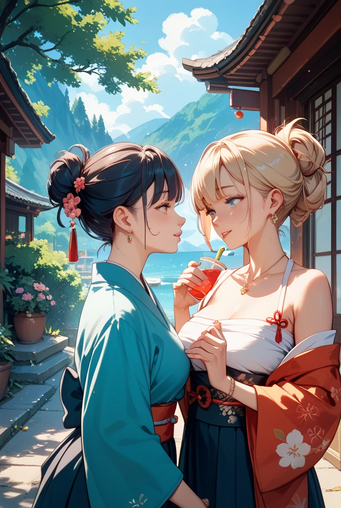 semi-realistic,Describe the scene where Jiraiya and Tsunade from the Naruto series are sitting together under a tree, with their backs against the tree trunk, both holding a bottle of sake and laughing