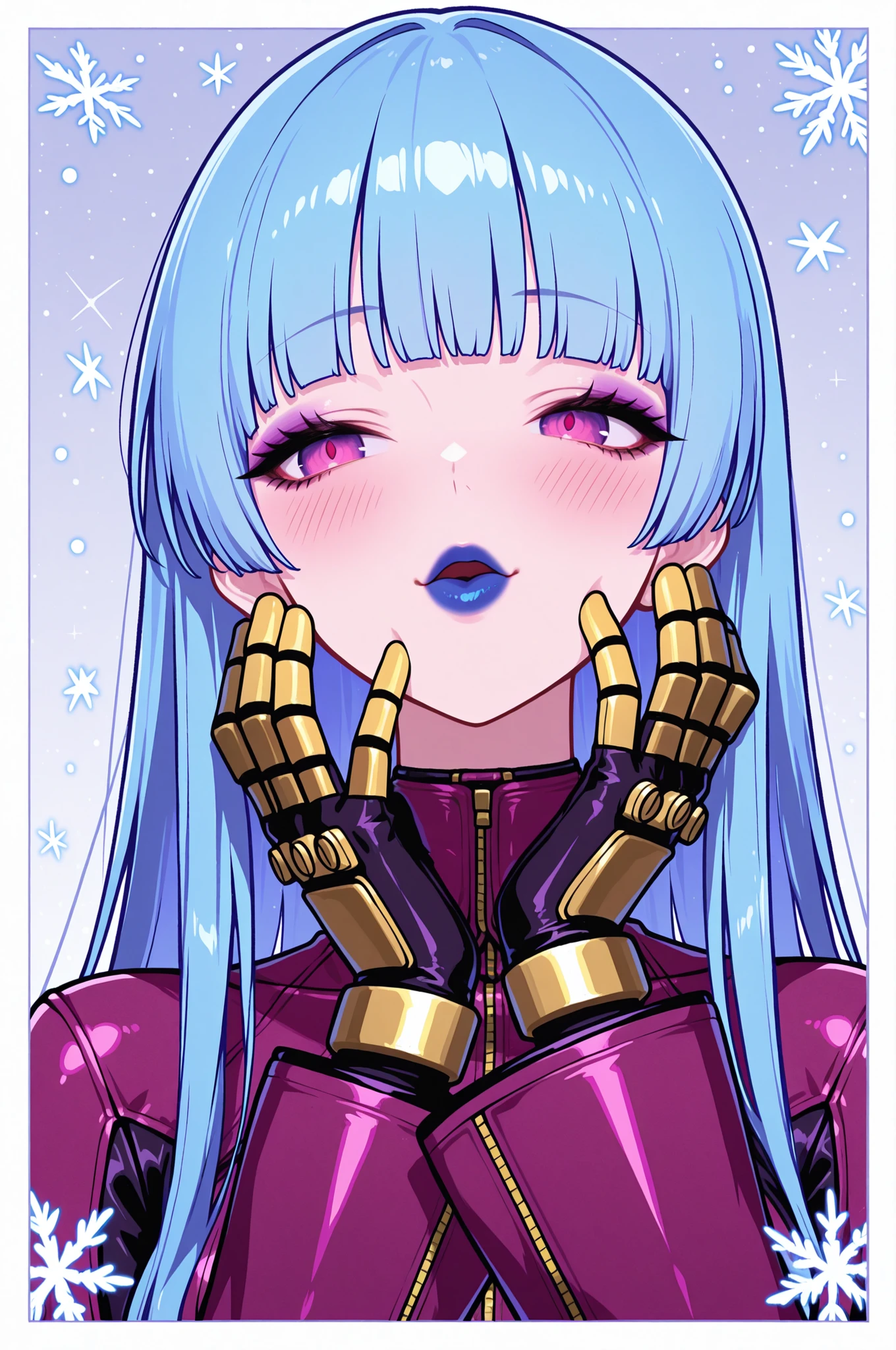 masterpiece, best quality, absurdres, newest, very aesthetic, amazing quality,highres, solo, Kula Diamond \(king of fighters\), blue hair, hime cut, purple eyes, gloves, (1girl), (detailed face:1.2), (detailed eyes:1.3), black eyeliner,purple eyeshadow, blue lipstick, blush, flirting, snowflake, high resolution, 8k wallpaper, Distinct, magical atmosphere, beautiful background, high quality, snowy background