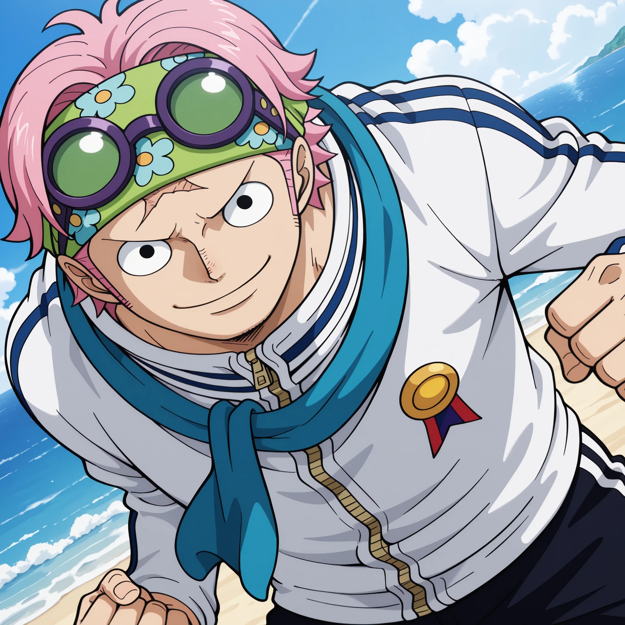 masterpiece, best quality, newest, absurdres, highres, safe, anime style, anime capture, anime screen, 1boy, solo, one piece, koby (one piece), black eyes, scar on face, pink hair, short hair, headband, eyewear on head, track jacket, long sleeves, zipper, blue scarf, badge, pants, black shose, smile, looking at viewer, dutch angle, outdoors, ocean, beach, blue sky, fighting stance