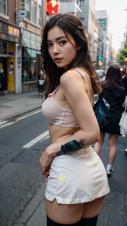 (1 lady), (Best quality at best:1.4), (ultra - detailed), (extremely detailed CG unified 16k), A Beautiful Woman with Perfect Figure: 1.4, Sharp Focus: 1.2, very detailed, High-definition RAW color photo, professional photoshooting, amazing face and eyes, cosmetics, (amazingly beautiful girl), ((Sonozaki Shion)), ((yellow ribbon, white shirt, white bra, blue necktie, blue skirt, black kneehighs)), standing, fashion posture，(Stylish urban landscape, day light), (look from down), realistic cinematic face, head to feet long wide zoomed out view, full body long view, photorealistic, ((realistic natural green hair style, green eyes, long hair)), gorgeous, extremely beautiful face, perfect model beauty, pout mouth, Highly Detailed Face and Skin Texture, Detailed Eyes, Double Eyelids, Big Breasts, Smile, cleavages, western, (masterpiece), best quality, high resolution, extremely detailed, detailed background, depth of field, cinematic lighting, amazing legs, clear and well-cared skin, (((woman occupies most of the picture)))