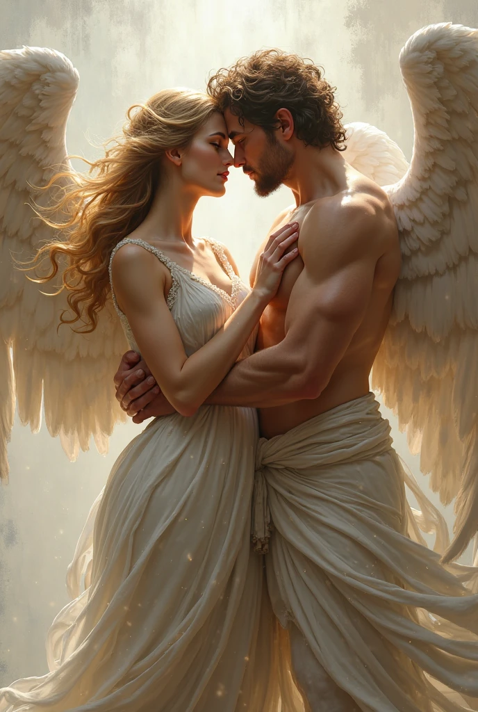 Angel man carrying a woman with both arms while they kiss and the woman is fainted on him
