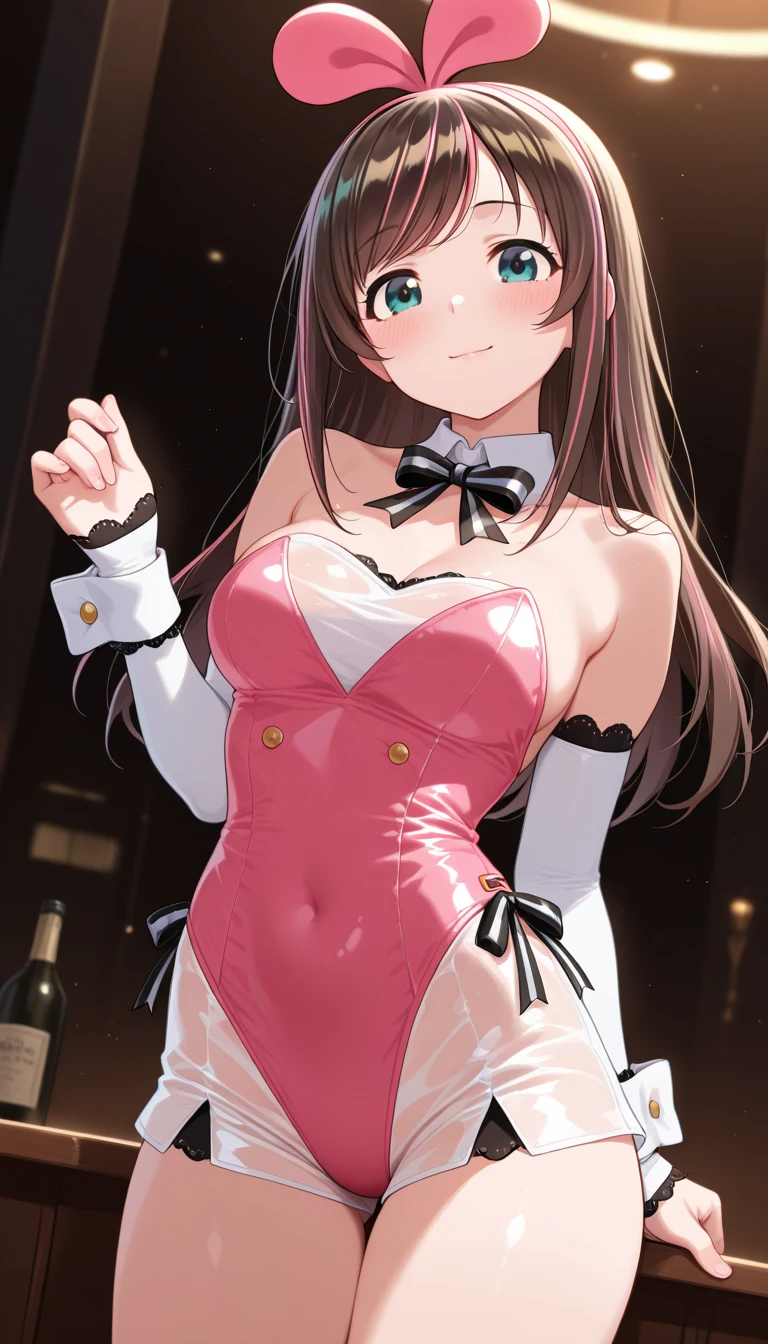 (close shot, best quality:1.5, highres, UHD, 4K, detailed lighting, shaders), brown straight hair, medium breasts, bunnysuit, pantyhose, bowtie, seductive pose, smiling, sitting on table, casino background