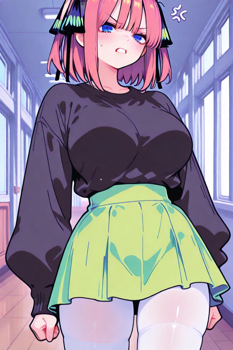 High tail hairstyle, Ponytail hairstyle, Long wavy black hair, standing posing, anime girl style, pixel art anime style,penetrating look with deep eyes,red and purple eyes, hair with a ponytail hairstyle trapped with a big red bun, women, red hair clips, x color shaped hair clips , smiling face blush, next to his bed, Skirt, tank top, Black hair, big thighs, NSFW, Skirt fluttering in the wind, perfect panty, look down, camera looking from bottom to top, viento levantando su Skirt haciendo que se le vea el panty, hands in fist behind her, viento moviendo su Skirt, 