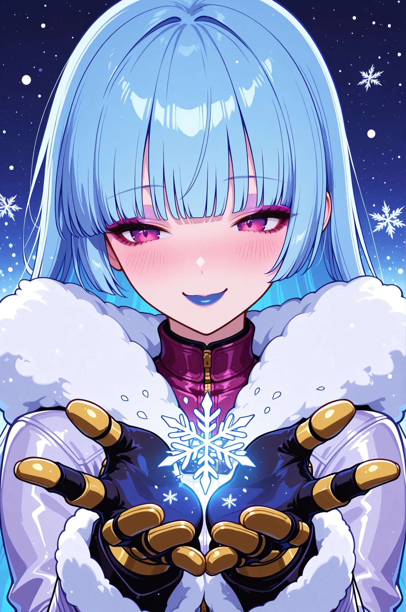masterpiece, best quality, absurdres, newest, very aesthetic, amazing quality,highres, solo, Kula Diamond \(king of fighters\), blue hair, hime cut, purple eyes, gloves, (1girl), (detailed face:1.2), (detailed eyes:1.3), black eyeliner,purple eyeshadow, blue lipstick, blush, flirting, snowflake, high resolution, 8k wallpaper, Distinct, magical atmosphere, beautiful background, high quality, snowy background