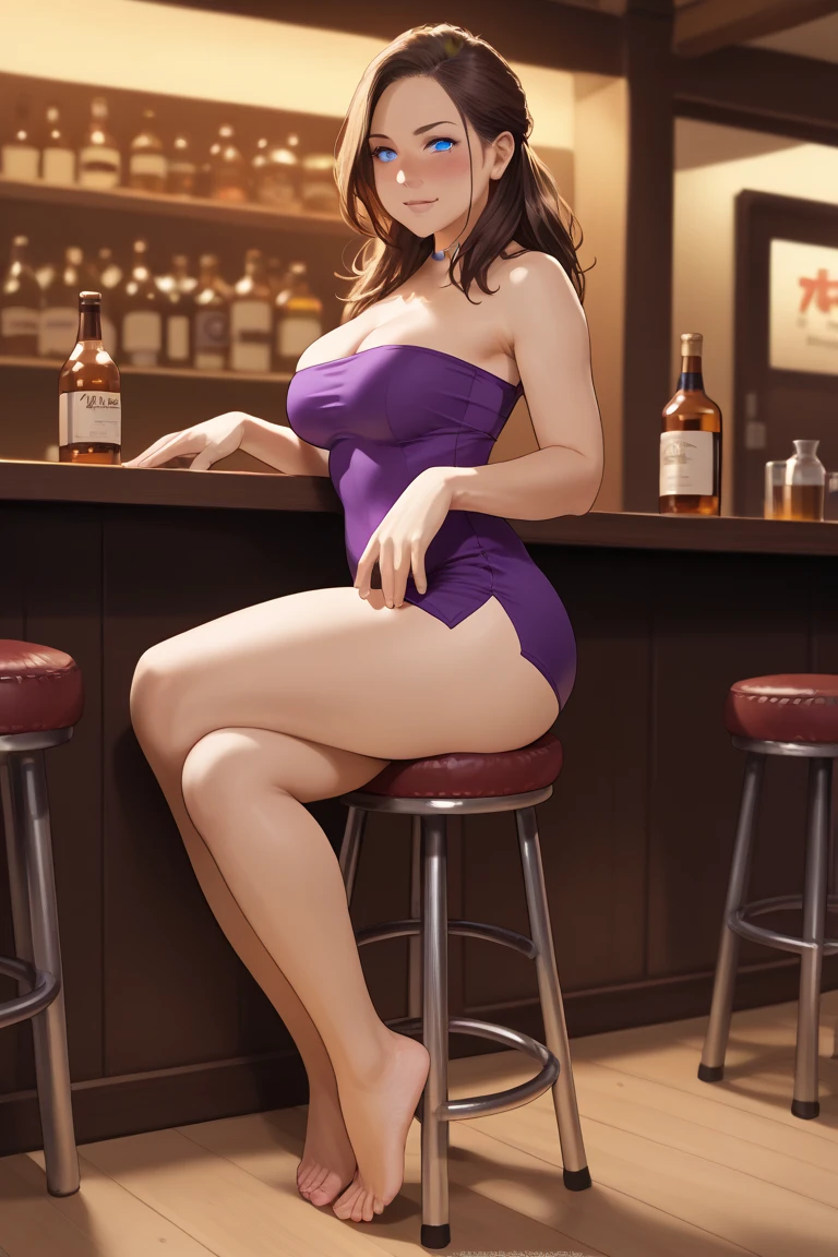 screencap, maria canals barrera, fit mature woman, sitting in a classy restaurant, narrow waist, elegant shiny royal blue dress, thick thighs, makeup, waiting for date, drinking from a glass of wine, candlelight, fondue on table, low angle, high heels