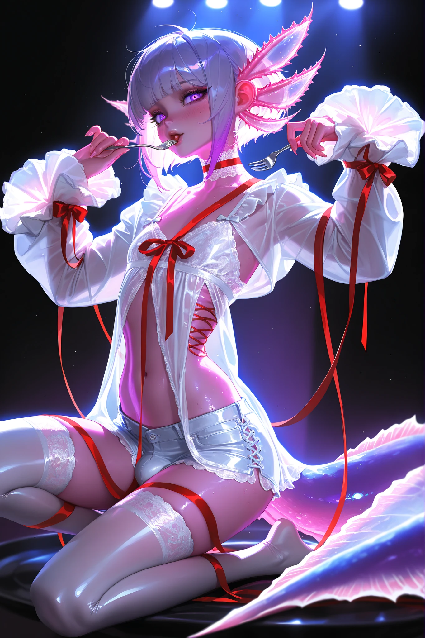 (tangobat:0.7),(Sakimichan:0.7),(High quality CT,4K,High resolution,main part:2.3),(Very detailed,realistic:1.37,Best quality,masterpiece, high resolution,on_body), (Tyndall effect,photorealistic, edge lighting, Two-color backlight),(high definition of skin:2.3), (8K UHD, DSLR quality, soft lighting, high quality, surround lighting, sincere, de 8K , 4K, 8K.) (male/boy character) The femboy idol. Beastman/furry/anthropomorphic axolotl. He has light pink skin covered with blush. He has a petite, flat-chested androgynous body structure. He has two-tone blue-purple eyes. He has two tone pink and purple short hair with Two-block boys's haircut. He has six pink external gills of an axolotl on his head. He has ear fins. He has an axolotl tail with a pink fin and is decorated with a red ribbon with a bow. He has a dorsal fin. He is wearing a white lace underwear set, mini shorts and a short lace negligee with long sleeves. He's got a bulge in his shorts. He wears lace-up white stockings. He has red ribbons with bows on his wrists, ankles and on the back of his neck. On the background: a pink and babyblue bedroom with strawberry cream decoration of strawberry cakes, cute pink pillows with sanrio Mymelody plushies, plate with fork for cake.