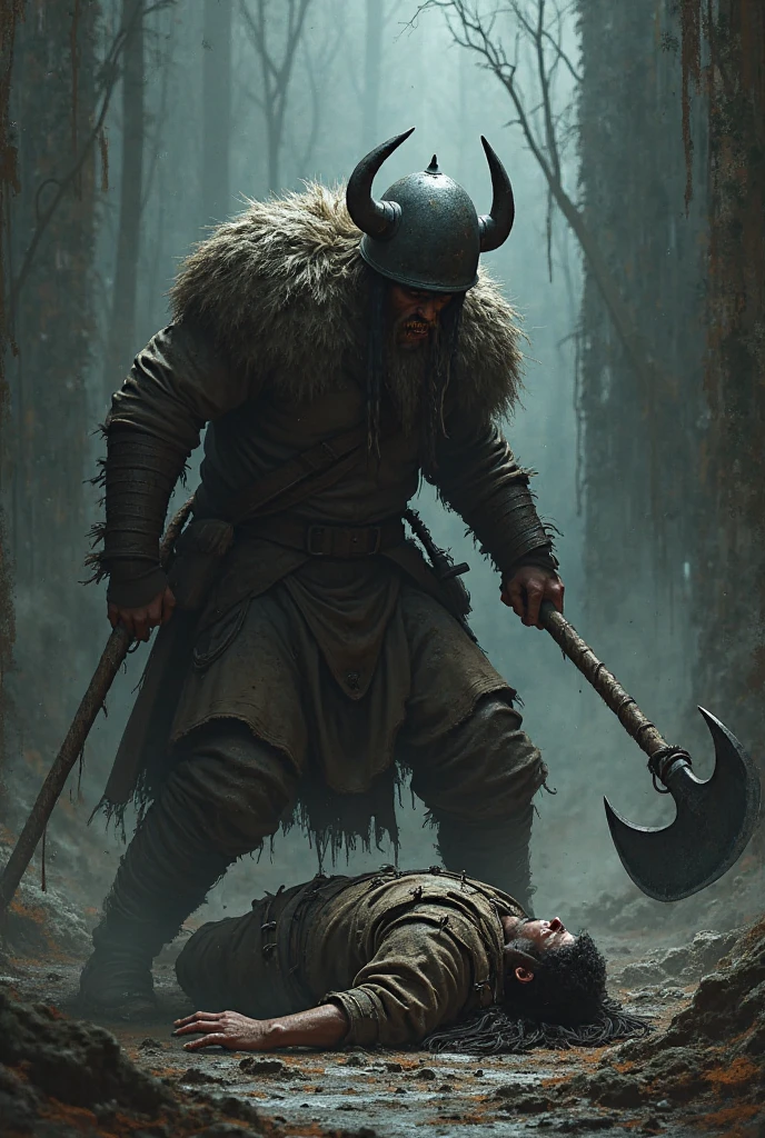 A Viking holding an axe up celebrating alone with blood