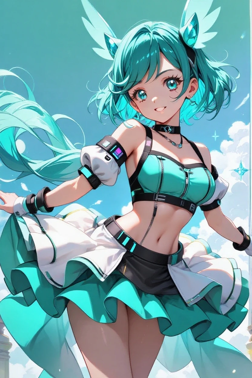 (Hyper Quality), [Standing, Upper Body, Close-up of Girl:0.6], Slim Body, Perfect Body, Mini Skirt, Sports Bra, Gradient Background, Anime Character, (Cute Girl:1.1), Sexy, Holy Light
