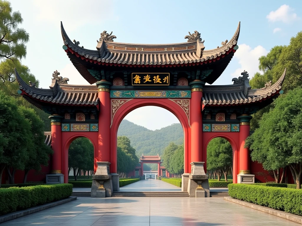 There is a large arch in the park，There is a clock on it, giant majestic archways, Giant arches, Ancient Chinese architecture, there are archways, shenzhen, guangjian, mountain water, zun, Chinese architecture, an archway, Archway, su fu, a middle-shot from front, huge gate, Huge arches, gateway, Chinese palaces