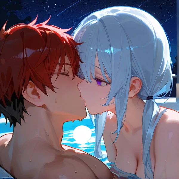 tied up naked Rei Ayanami from Neon Genesis Evangelion kissing shinji ikari, blue lagoon, night, moon
