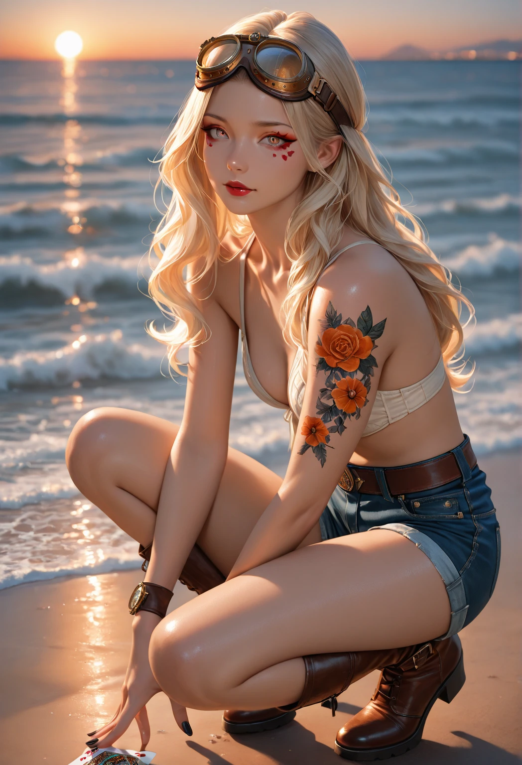 Make me an ultra realistic drawing of a dark blonde woman, cabelos longos e ondulados, olhos castanhos, pele branca, mais natural, 1,70 de altura, wearing a maritime-themed bikini, kalap,  em uma praia com mar de fundo da foto, em um final de tarde, magra, seios pequenos, sunflower tattoo on the left arm, tatuagem da pequena sereia Ariel da Disney na perna direita,