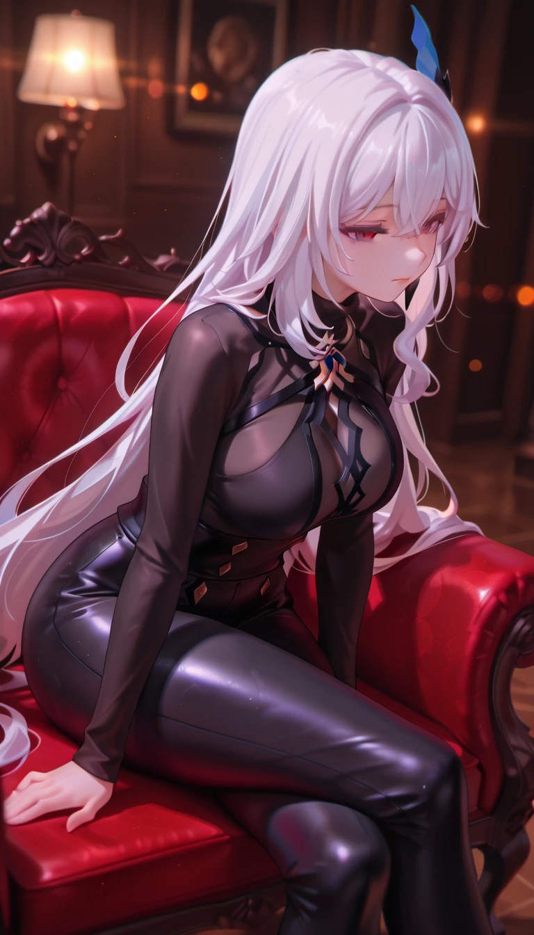 beautiful detailed girl, wearing sexy long black sling bikini and long transparent coat, white hair, slender, Youthful expression, large breast, massive cleavage exposed, huge buttock, sitting on the throne arrogantly, precise front angle