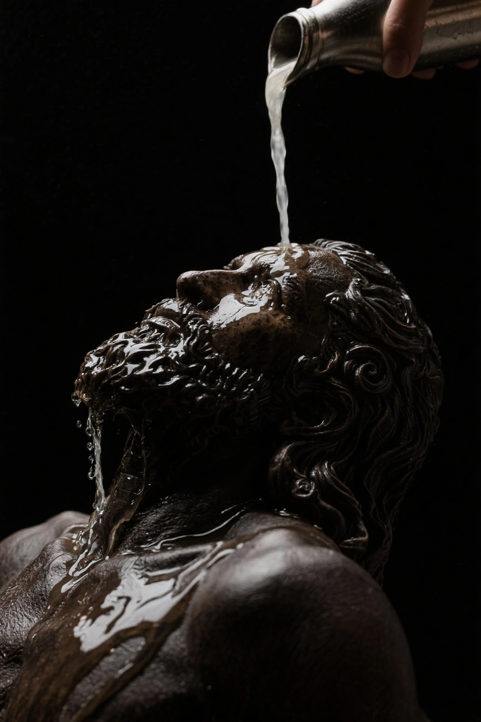 A hot Jesus is holding a long black veiny staff that has a end that is formed like a nut. Out of that nut comes a white sticky and slimy substances that covers the face and chest of the hot Jesus while he smiles