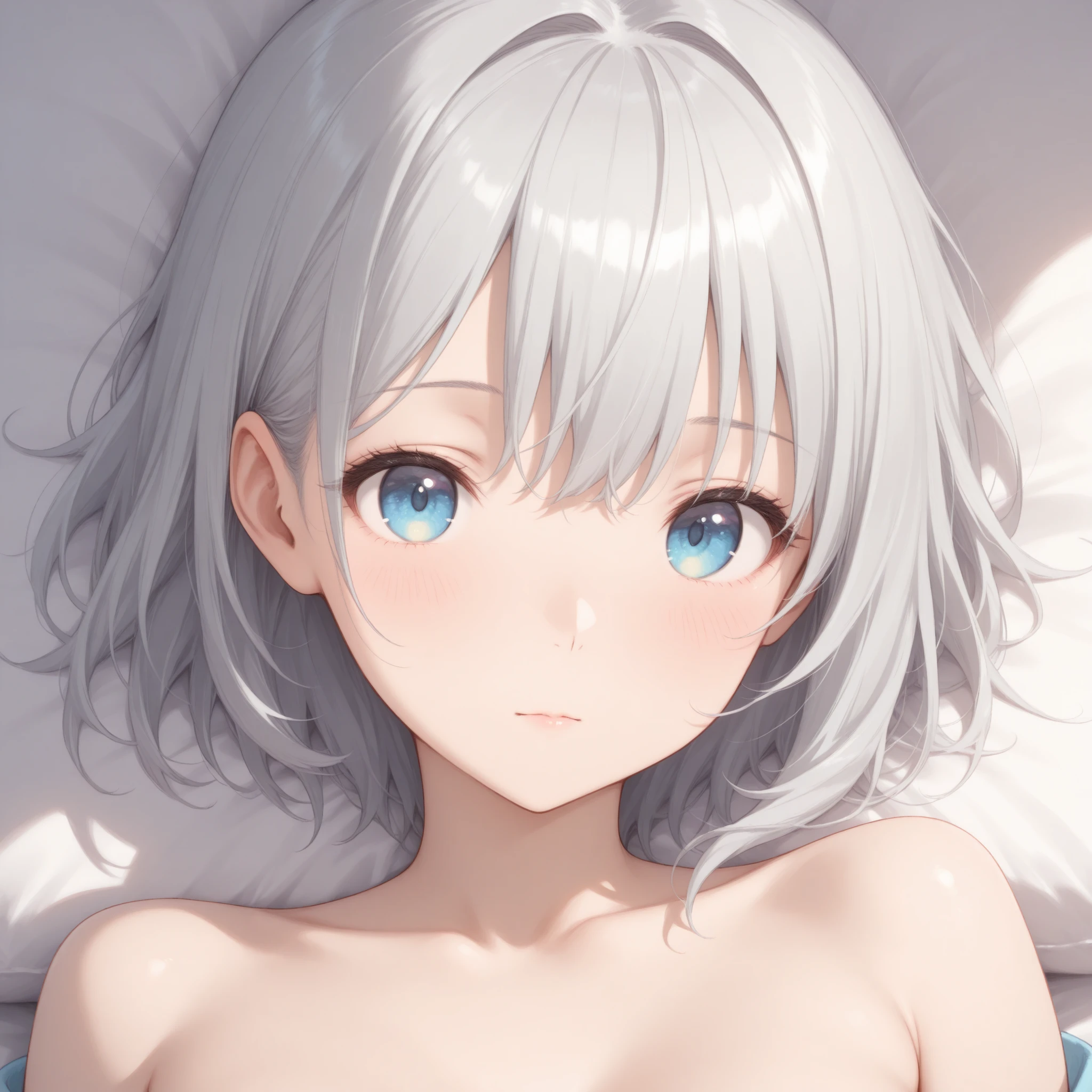 short hair,Short Hair,Straight Hair、Gray Hair、Twinkling eyes、Golden Eyes、Cat ear,Cat tail、White cat,Embarrassing,Lying in bed,White sheets,naked,Small breasts、shine、reflected light、Film Grain、masterpiece、Textured skin、Super Detail、High Detail、high quality、最high quality、High resolution、16K、shine