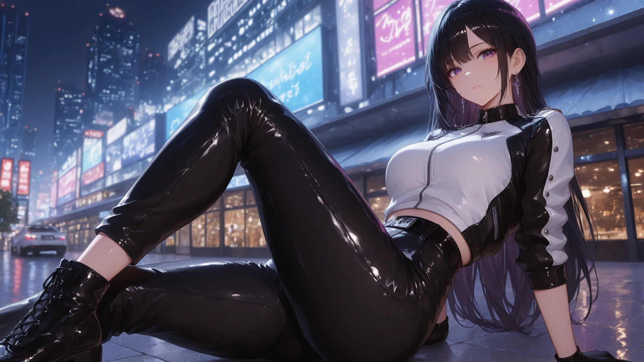 1 beautiful girl, 18 years old, long brown hair, brown eyes, wearing a black top with a low neckline, black leggings and bootie sneakers from the future, medium breasts, cyberpunk robotic left arm, and a normal human right arm, sitting on top of a building under the full moon, cyberpunk city, high quality, ultra hd, 8k