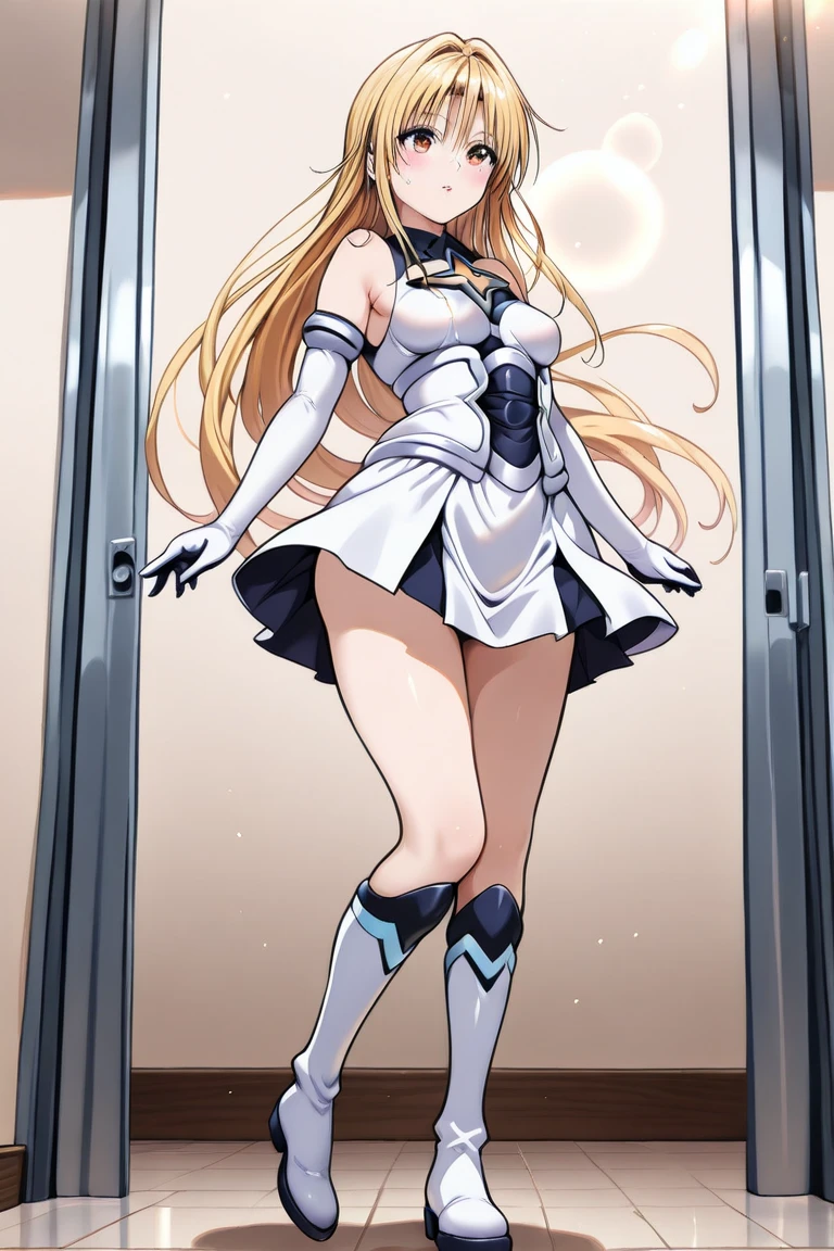 a beautiful detailed portrait of Kudelia Aina Bernstein from Gundam IBO, (Kudelia Aina Bernstein), (Whole body view:1.3), thigh length yellow hair in a single braid, 1/4 contrapposto pose, viewing from slightly below, excited facial expression, wearing white formal gown, dress lifted revealing tight white thigh high boots and a glimpse of red thong underneath, round hips, highly detailed, intricate details, cinematic lighting, spaceship hangar Bay interior
