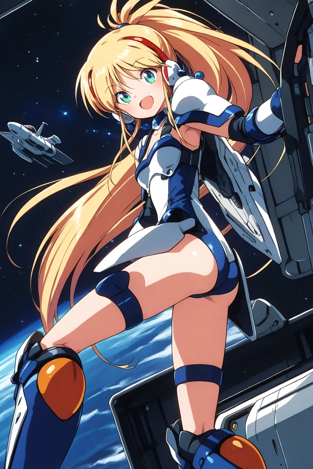 ((masterpiece))、highest quality、(Whole body wide angle)、Neo Universe(Umamusume)、1 girl, Neo Universe(Umamusume)、alone, chest, looking at the viewer, blush, smile, long hair, bangs, large chest, blonde long hair, long sleeve, blue eyes, headphone,beret,:d, body suit, b space, white body suit, blue sky,Ocean,summer,Wind:1.3,, space suit break 